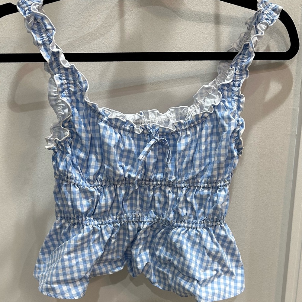 Aritzia Blue and White Gingham Ruffle Top